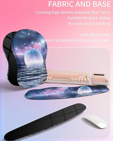 Hokafenle 2in1 Combination, Wave Keyboard Wrist Rest and Ergonomic Curvature Mouse Pad Wrist Support for Relieve Wrist Pain, Filled with Soft Cushion Memory Foam, Moonlit Starry Sea