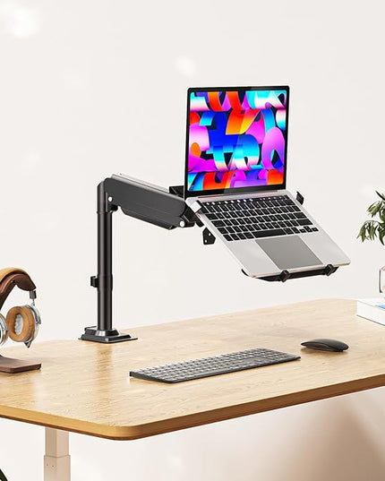 WALI Laptop Tray Desk Mount, Laptop Arm Mount Fits 10-15.6 Inch Notebook, 2-in-1 Gas Spring Monitor Arm for 17-32 Inch Computer Screen, Holds up to 22lbs(GSDM00LP), Black
