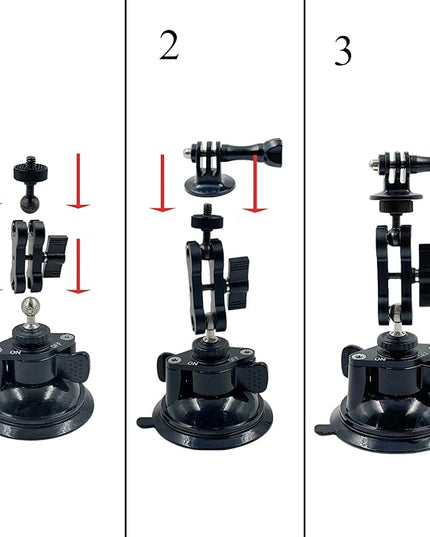 Double Layer Suction Cup Mount with Double Ball Head Magic Arm, 1/4" Screw 360° Rotating Camera Mount Compatible with GoPro Hero, Insta360 X3, DJI Osmo, Action Camera, Phones for Car Windshield
