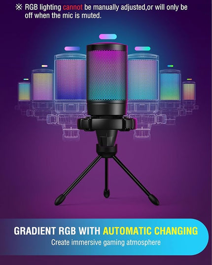 FIFINE Gaming USB Microphone for PC PS5, Condenser Mic with Quick Mute, RGB Indicator, Tripod Stand, Pop Filter, Shock Mount, Gain Control for Streaming Discord Twitch Podcasts Videos- AmpliGame