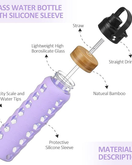 MUKOKO 32oz Glass Water Bottles with 2 Lids-Handle Spout Lid&Bamboo Straw Lid, Motivational Water Tumbler with Time Marker Reminder and Silicone Sleeve, Leakproof-Purple-1 Pack
