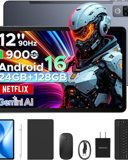 DOOGEE U12 Updated Android 16 Tablet with Keyboard,12 inch Tablet with Gemini AI,24GB+128GB/TF 2TB Octa-Core Gaming Tablets,2K 2000x1200 FHD+IPS,9000mAh/18W,13MP+8MP,Widevine L1,5G WiFi,Metal Body