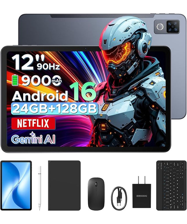 DOOGEE U12 Updated Android 16 Tablet with Keyboard,12 inch Tablet with Gemini AI,24GB+128GB/TF 2TB Octa-Core Gaming Tablets,2K 2000x1200 FHD+IPS,9000mAh/18W,13MP+8MP,Widevine L1,5G WiFi,Metal Body
