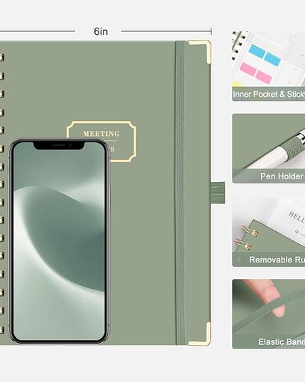 EMSHOI Meeting Notebook for Work - A5 Half Meeting Half Note Planner, 140 Pages, 100GSM Thick Paper, Hardcover, Project Organizer for Women Men Office, Business, Note Taking, 6"x8.3" - Green