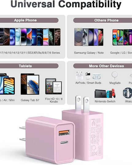 LCGENS USB C Wall Charger Block 20W, 2-Pack Dual Port PD Power Delivery Fast Type C Charging Block Plug Compatible with iPhone 13/14/15/16/17 Pro Max Plus, XS/XR/X,iPad,AirPorts,Galaxy S25/24