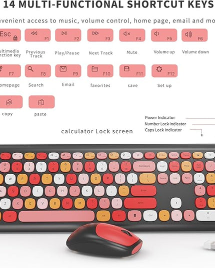 Wireless Keyboard and Mouse Combo, Colorful Ergonomic Full Size Retro Low-Noise Keyboard with Cute keycaps, Compatible with Windows, PC, Perfer for Home and Office Keyboards (Black)