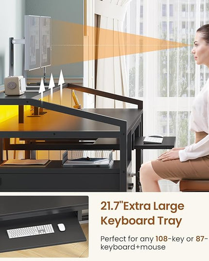 SEDETA 63" Computer Desk, Office Desk with Lockable Drawers for Legal/Letter File, Gaming Desk with LED Lights & Power Outlet, Home Office Desks with Storage, Black