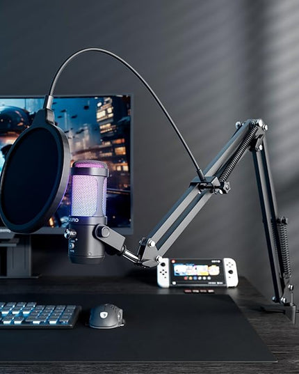 JARO USB Podcast Microphone with Boom Arm, Studio Condenser Mic with Real-Time Monitoring, Mute, Volume Control Ideal for Voice & Singing (Black)