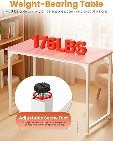 PayLessHere | 39 Inch Computer Desk | Pink | Office Desk with Metal Frame, Adjustable Feet | Water-Resistant, Scratchproof Surface | Sturdy Writing Table for Home Office or Study | Pack of 1