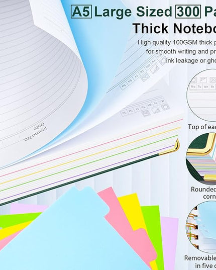Hardcover Spiral Notebook 6.2"x 8.2" Journal Notebook with Tabs and Removable Dividers 300 Pages 5 Subject Notebook College Ruled, Faux Leather Spiral Bound Notebook for Women School Work(Green)
