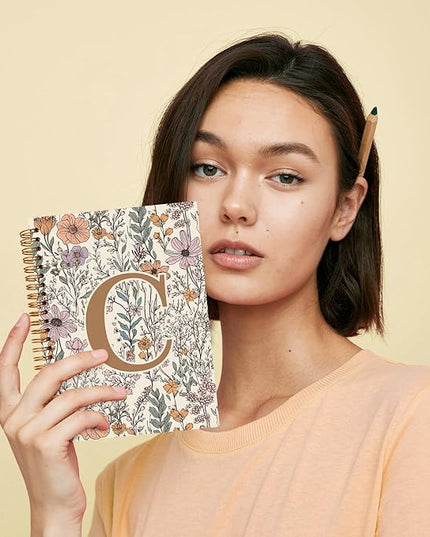 JXREQ Vintage Boho Floral Personalized Notebook, Initial Letter C Notebook Journal, Monogram Notebook, Monogrammed Gifts for Women, Boho Office Supplies, Flower Spiral Notebook 5.5x8.3