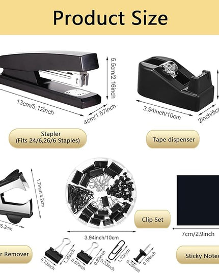 suniya Office Supplies,Desk Accessories,Tape Holder,Stapler,Scissor,Staple Remover,Box of Binder Clips,Staples,Ballpoint Pen,Sticky Notes,Clear Tape,Ruler,Office Supplies Set(Black)