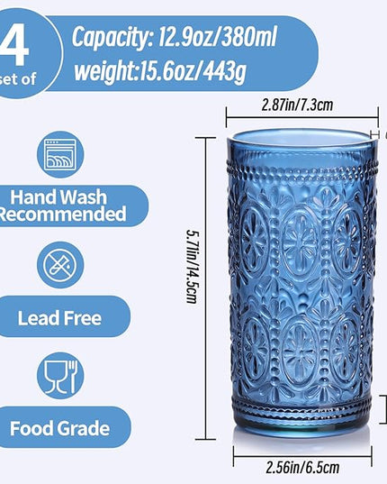 Blue Drinking Highball Beverage Glass Cup, Vintage Drinking Glasses, Colored Glassware Set for Party Wedding, Home, Office, Water, Juice, Cocktail, Highball Glasses Set of 4