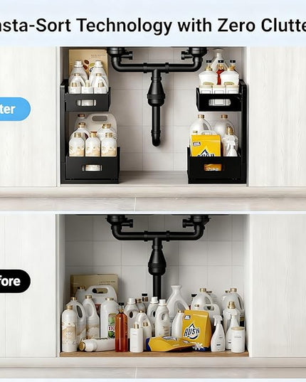 Under Sink Organizer, Adjustable Height 2 Tier Under Sink Organizers and Storage Multi-Purpose Under Sink Storage for Bathroom Kitchen