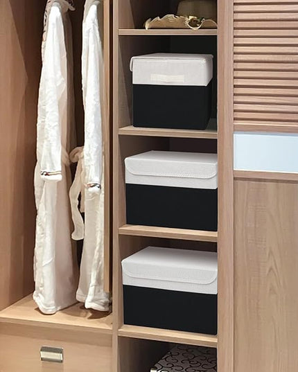 Large 17" 42 Quarts Collapsible Stackable Storage Bins with Lids [3-Pack] Foldable Fabric Linen Storage Boxes Cube, Closet Organizer Baskets with Label for Home (16.7 x 12 x 12", Black & White)