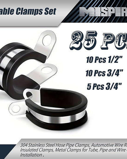 MISPIRE 25 Pack Cable Clamps Assortment Kit, 304 Stainless Steel Rubber Cushion Pipe Clamps in 3 Sizes 1/2", 3/4", 1"