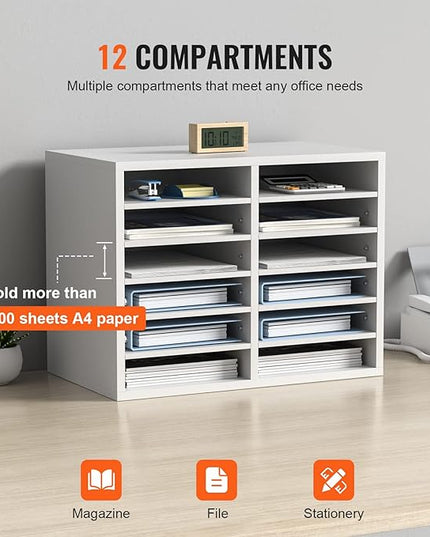 VEVOR Literature Organizers, 12 Compartments Office Mailbox with Adjustable Shelves, Wood Literature Sorter 20.4x12x16.1 inches for Office, Home, Classroom, Mailrooms Organization, EPA Certified White