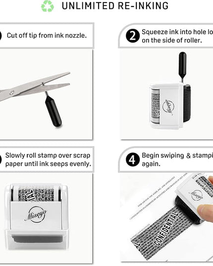 Miseyo Identity Theft Protection Roller Stamp Set - White (6 Refill Ink Incleded)