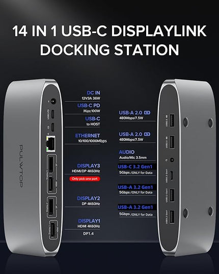 PULWTOP Displaylink Docking Station, Triple Display DisplayLink Dock for MacBook M1/M2/M3 Windows, 4K@60Hz Laptop Docking Station with 2 HDMI, 2 Display Port, PD, USB C Data, 4 USBA, Ethernet, Audio