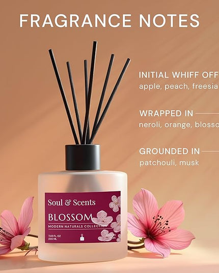 Soul & Scents Reed Diffuser Set – Blossom | 7.43 oz Refillable Scented Oil with 6 Fiber Sticks | Long-Lasting Home Fragrance & Air Freshener for Bedroom, Bathroom, Office | Gift & Décor Piece