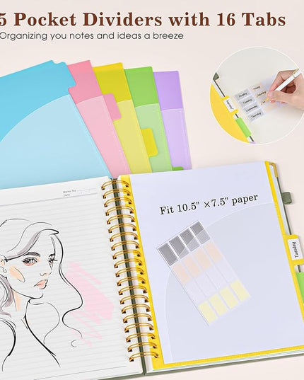 Hardcover Large Spiral Notebook 8.5" x 11" with Removable Dividers Tabs, 300 pages Leather 5 Subject Notebook College Ruled, A4 Journal for Women Men, Notebooks for Work School Note taking, Green