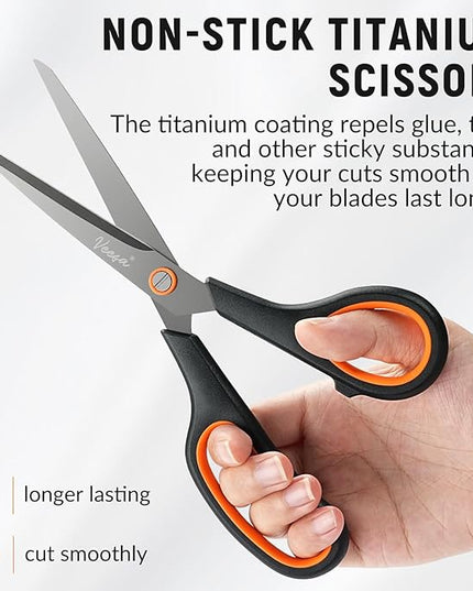 Scissors, 3-Pack Titanium Coated Non-Stick Scissors (8.5’’, 7.5’’, 5.5’’), Comfort Grip, All-Purpose Cutting Tools for Office, Craft, Sewing
