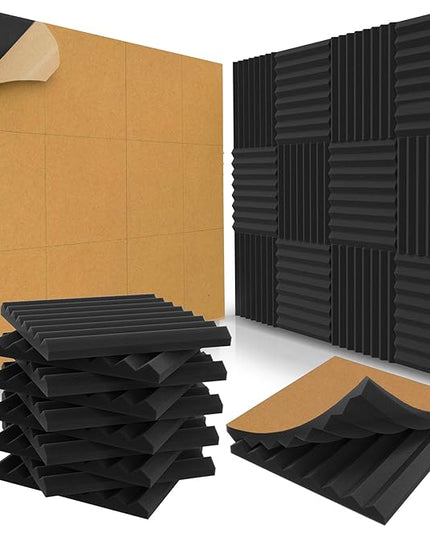 12 Pack Self-Adhesive Acoustic Panels 1 X 12 X 12 Inches - Acoustic Foam - Studio Foam Wedges - High Density Panels - Soundproof Wedges - Charcoal