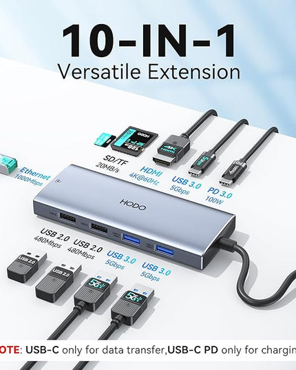 USB C Hub Multiport Adapter, 10-in-1 Laptop USB C Docking Station for Dell/HP Laptop, Dock to 4K HDMI,Ethernet,100W PD,3USB 3.0, 2USB 2.0, SD/TF, USB Type C Dongle for MacBook, Surface, Lenovo