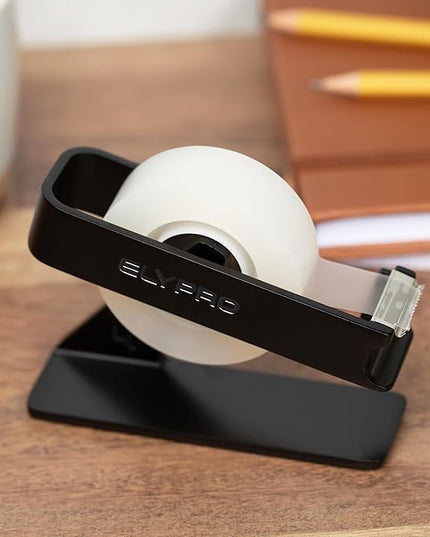 ELYPRO Modern Tape Dispenser for Office Desk - Elegant and Minimalist Design, Heavy Metal Made, Space-Saving, Perfect for Office & Home Use or as a Stylish Gift - Bonus Tape Roll Included (Black)