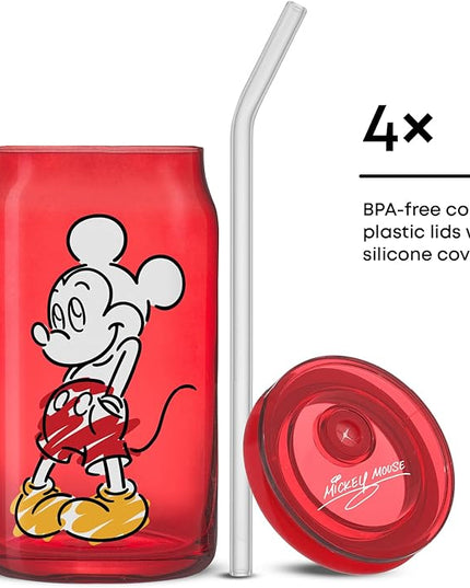 JoyJolt Disney Mickey Mouse and Friends Color Sketch Glass Tumblers with Lids and Straws, 16oz Glass Cups with Lids and Straws, Can Shaped Drinking Glasses Set of 4, Disney Gifts for Adults
