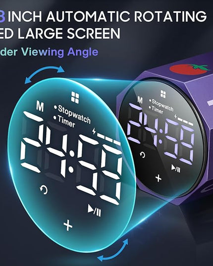 Digital Pomodoro Timer,Frosted Metal Productivity Cube Timer,1.8 in LED Digital Large Screen,Auto-Rotating Display,1/3/5/10/25/30/60min & Custom Time, Silent & Alarm,for Office, Study, Work(Purple)