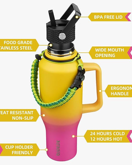 BJPKPK Insulated Water Bottles with Straw Lid, 35oz Metal Water Bottle with 2 lids & Paracord Strap, Double Wall Stainless Steel Tumbler with Handle, Reusable Cups, Mugs, Thermo, Pink & Yellow Rose