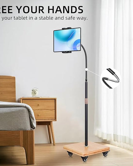 wishacc Tablet Floor Stand for Bed - Gooseneck Tablet Holder Mount with Adjustable Height and 4 Wheels, Compatible with iPad mini Air Pro 12.9/9.7, Galaxy Tab, Kindle, Cell Phones (4.7"-13")