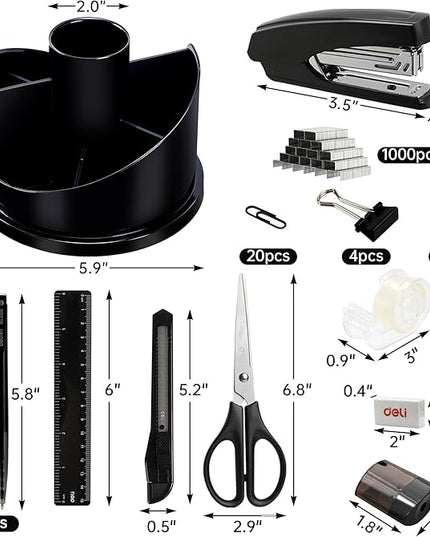 deli Office Supplies Set, 1045 Pcs-Desk Accessory Organizer Kit, Stapler Set, Rotating Multi-Functional Pen Holder, Tape Dispenser, Pens, Binder Clips, Sharpener, Scissor, Eraser, Black