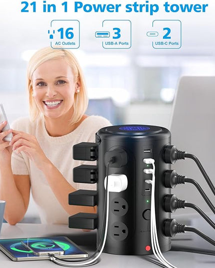 Tower Power Strip with 15W Wireless Charger, 20FT Extension Cord, 16 AC Outlets & 5 USB Ports (2 USB C) - Surge Protector for Office, Home, Dorm Room (Black)