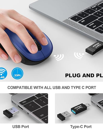 WisFox 2.4G Wireless Mouse for Laptop, Ergonomic Computer Mouse with USB Receiver and Type-C Adapter, 3 Adjustable Levels, 6 Button Cordless Wireless Mice for Windows Mac PC Notebook (Blue)