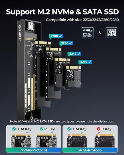 ORICO M.2 NVMe SATA SSD Enclosure, USB 3.1 Gen 2 (10 Gbps) to PCI-E 6Gbps NGFF M-Key / B+M Key SSD Case M.2 Reader Support UASP for Size 2230/2242/2260/2280 SSDs Diskless (M2PVM)