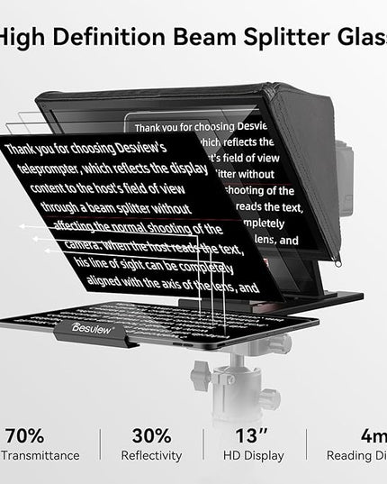 Desview P13 Teleprompter 13 Inch Aluminum Alloy with High Definition Glass, Compatible with iPad Tablet Phone DSLR, Portable No-Assembly Design for Video Recording