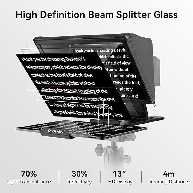 Desview P13 Teleprompter 13 Inch Aluminum Alloy with High Definition Glass, Compatible with iPad Tablet Phone DSLR, Portable No-Assembly Design for Video Recording
