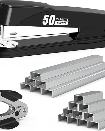 Metal Stapler Heavy Duty 50 Sheet Capacity with 1750 Staples and Staple Remover, Full Strip Staplers for Desk, No Jam, Non-Slip for Office & Classroom, Black