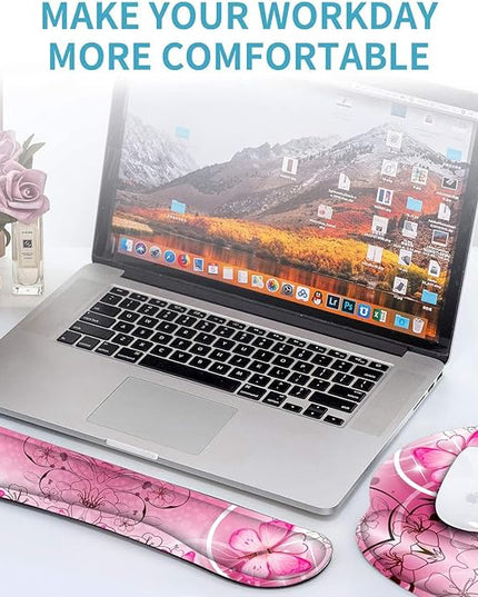RICHEN Keyboard Wrist Rest and Mouse Pad with Wrist Support, Memory Foam Set for Gaming and Office, Comfortable & Lightweight for Easy Typing & Pain Relief (Pink Butterfly)