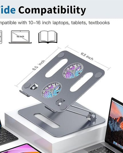 Adjustable Laptop Cooling Stand with 2 Quiet Fans & RGB Lighting, Aluminum Alloy & Foldable Ergonomic Design for MacBook, Lenovo, ASUS, Dell 10-16 Inch, Perfect for Gaming, DJ, Office - Gray