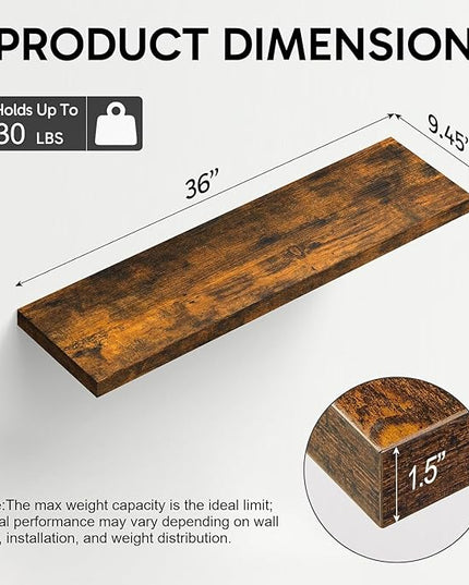 BAYKA Floating Shelves for Wall, 36 inches Wall Mounted Wood Shelves for Bathroom, Bedroom, Living Room, for Storage/Decor with 30lbs Capacity - Rustic Brown,Set of 3
