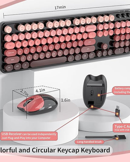 Wireless Keyboard and Mouse, 104 Round Keycaps Retro Typewriter with OTG & Brush, Full-Size Ergonomic, Ideal for Windows PC, Home, Office and College Black Pink
