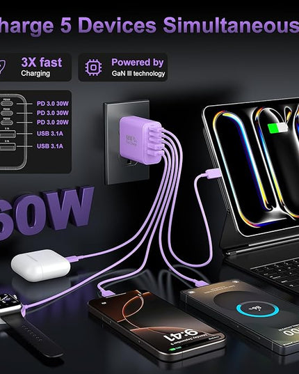 USB C Fast Wall Charger Block, 2Pack 60W USBC Charging Cubes, 5-Port PD+QC Power Adapter Multiport Brick Type C Box Plug for Phone 16/15/14/13/12/11/Pro Max/Plus, Pad Mini/Pro/S25/S24-Purple