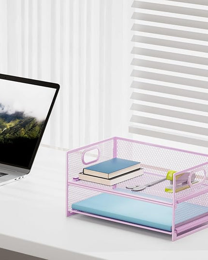 Marbrasse 2 Tier Paper Organizer Letter Tray, Mesh File Organizer with Handle, Paper Sorter Desk Organizer for Home Office Supplies - 2P Purple