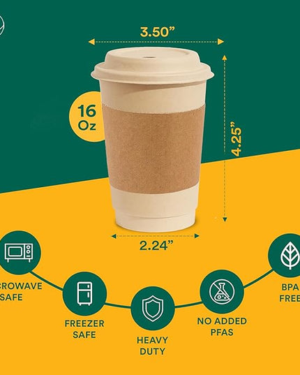 ECO SOUL 25 Pack 16 oz Disposable Coffee Cups with Lids & Sleeves Eco-Friendly, Biodegradable, Compostable, Leak-free & Sturdy To Go Hot Drink Cup for Tea, Chocolate Party Travel Cafe Office & Home