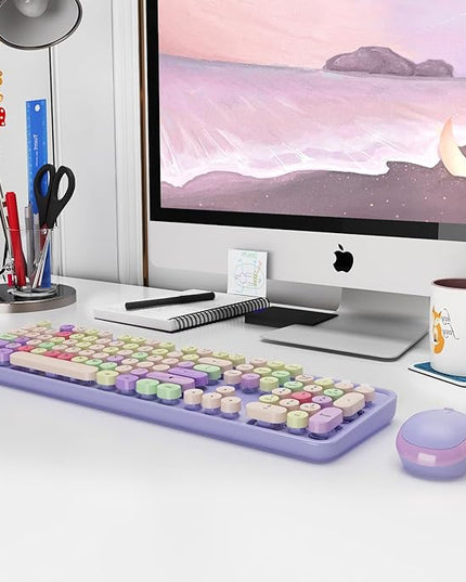 Wireless Typewriter Keyboard and Mouse - Wireless Keyboard with Silent Mouse, Cute Retro Keyboard Mouse Combo, 2.4G USB Computer Keyboard and Mouse for Windows Laptop/Desktop/PC(Purple)