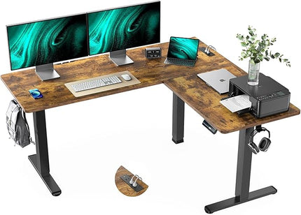 Marsail 63×55 in Electric Corner L-Shaped Standing Desk with 4-in 1 Electical Outlet, Computer Desk with Headphone Hook, Memory Sit Stand up Home Office Table, Ergonomic Gaming Table,Brown