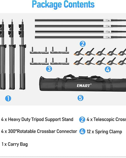 EMART Back Drop Adjustable Stand,10X10X10ft Square Backdrop Stand Heavy Duty Photography Background Support System Kit with 300° Rotatable Connector and 12 Spring Clamp for Party,Wedding,Photo Studio